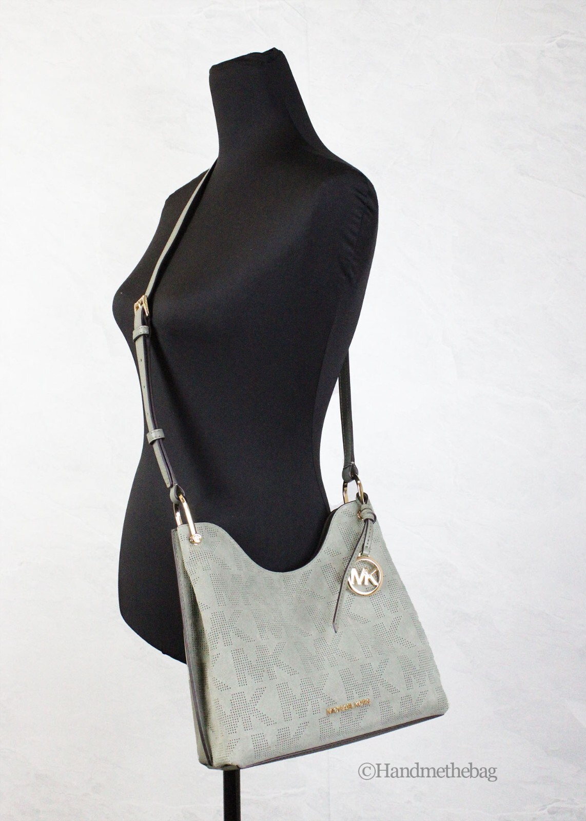 Michael Kors Joan Small Green Perforated Suede Leather Slouchy Messenger Handbag - Afbeelding 2